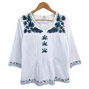 Chic Connection S White Cotton Embroidered Boho Peasant Top Teal Floral Tunic
